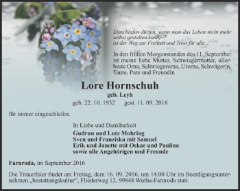 Traueranzeige von Lore Hornschuh  von Thüringer Allgemeine, Thüringische Landeszeitung