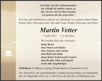 Traueranzeige von Martin Vetter von Thüringer Allgemeine, Thüringische Landeszeitung