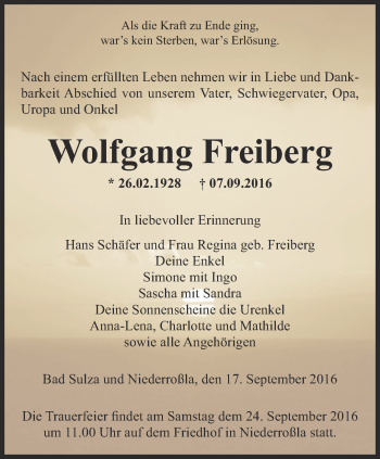 Traueranzeige von Wolfgang Freiberg von Thüringer Allgemeine, Thüringische Landeszeitung