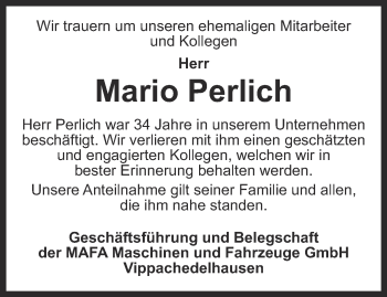 Traueranzeige von Mario Perlich von Thüringer Allgemeine, Thüringische Landeszeitung