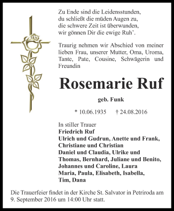 Traueranzeige von Rosemarie Ruf von Ostthüringer Zeitung, Thüringische Landeszeitung