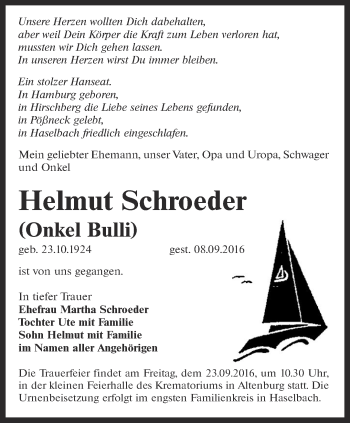Traueranzeige von Helmut Schroeder von Ostthüringer Zeitung