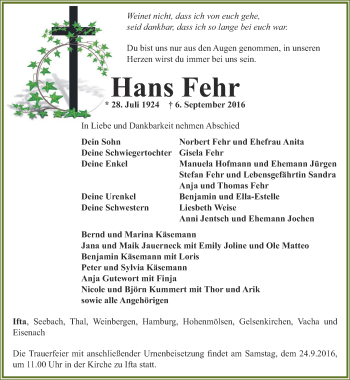 Traueranzeige von Hans Fehr von Thüringer Allgemeine, Thüringische Landeszeitung