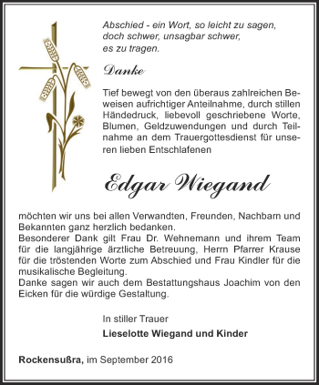 Traueranzeige von Edgar Wiegand von Thüringer Allgemeine