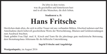 Traueranzeige von Hans Fritsche von Thüringer Allgemeine, Thüringische Landeszeitung