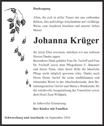 Traueranzeige von Johanna Krüger von Ostthüringer Zeitung