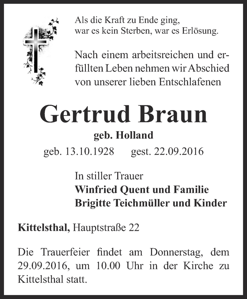  Traueranzeige für Gertrud Braun vom 27.09.2016 aus Thüringer Allgemeine, Thüringische Landeszeitung