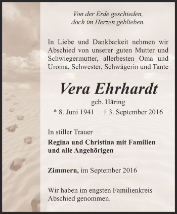 Traueranzeige von Vera Ehrhardt von Ostthüringer Zeitung, Thüringische Landeszeitung