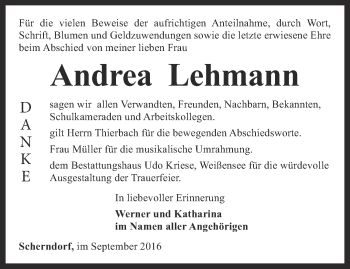 Traueranzeige von Andrea Lehmann von Thüringer Allgemeine