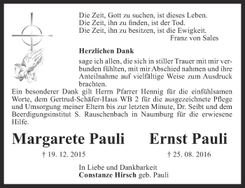 Traueranzeige von Ernst Pauli von Ostthüringer Zeitung, Thüringische Landeszeitung