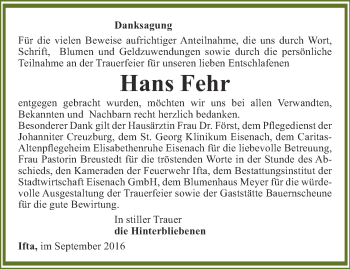 Traueranzeige von Hans Fehr von Thüringer Allgemeine, Thüringische Landeszeitung