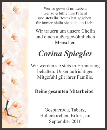 Traueranzeige von Corina Spiegler von Ostthüringer Zeitung, Thüringische Landeszeitung