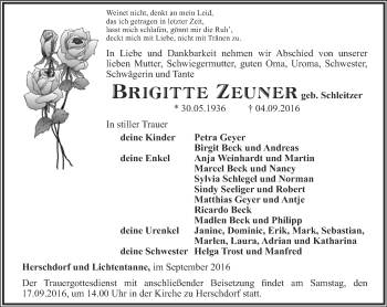 Traueranzeige von Brigitte Zeuner von Ostthüringer Zeitung