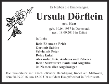 Traueranzeige von Ursula Dörflein