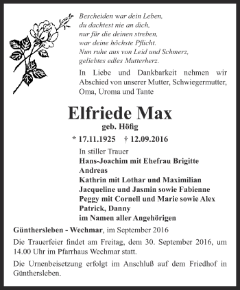 Traueranzeige von Elfriede Max von Ostthüringer Zeitung, Thüringische Landeszeitung