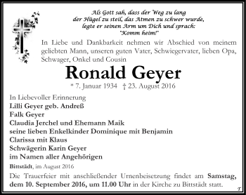 Traueranzeige von Ronald Geyer von Thüringer Allgemeine