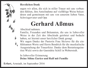 Traueranzeige von Gerhard Aßmus von Thüringer Allgemeine, Thüringische Landeszeitung