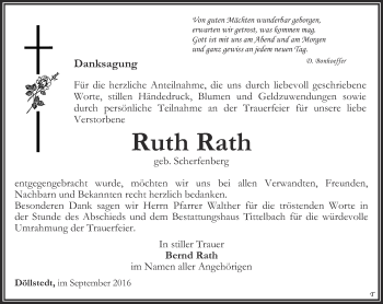 Traueranzeige von Ruth Rath von Thüringer Allgemeine