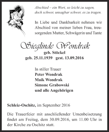 Traueranzeige von Sieglinde Wondrak von Ostthüringer Zeitung