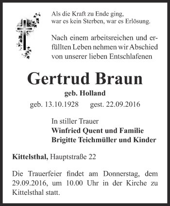 Traueranzeige von Gertrud Braun von Thüringer Allgemeine, Thüringische Landeszeitung