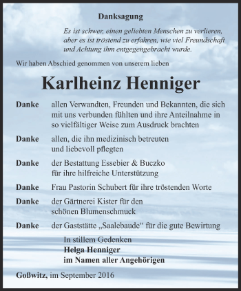 Traueranzeige von Karlheinz Henniger von Ostthüringer Zeitung