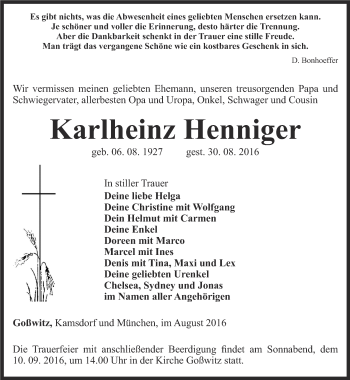 Traueranzeige von Karlheinz Henniger von Ostthüringer Zeitung