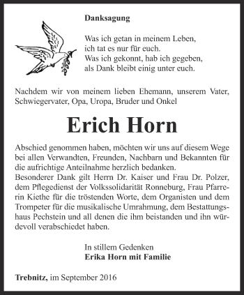 Traueranzeige von Erich Horn von Ostthüringer Zeitung