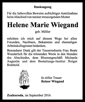 Traueranzeige von Helene Marie Wiegand von Ostthüringer Zeitung