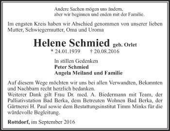 Traueranzeige von Helene Schmied von Thüringer Allgemeine, Thüringische Landeszeitung