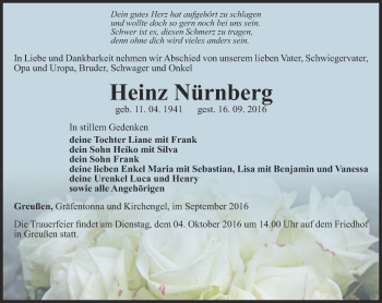 Traueranzeige von Heinz Nürnberg von Thüringer Allgemeine