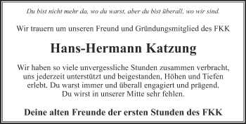 Traueranzeige von Hans-Hermann Katzung von Ostthüringer Zeitung, Thüringische Landeszeitung