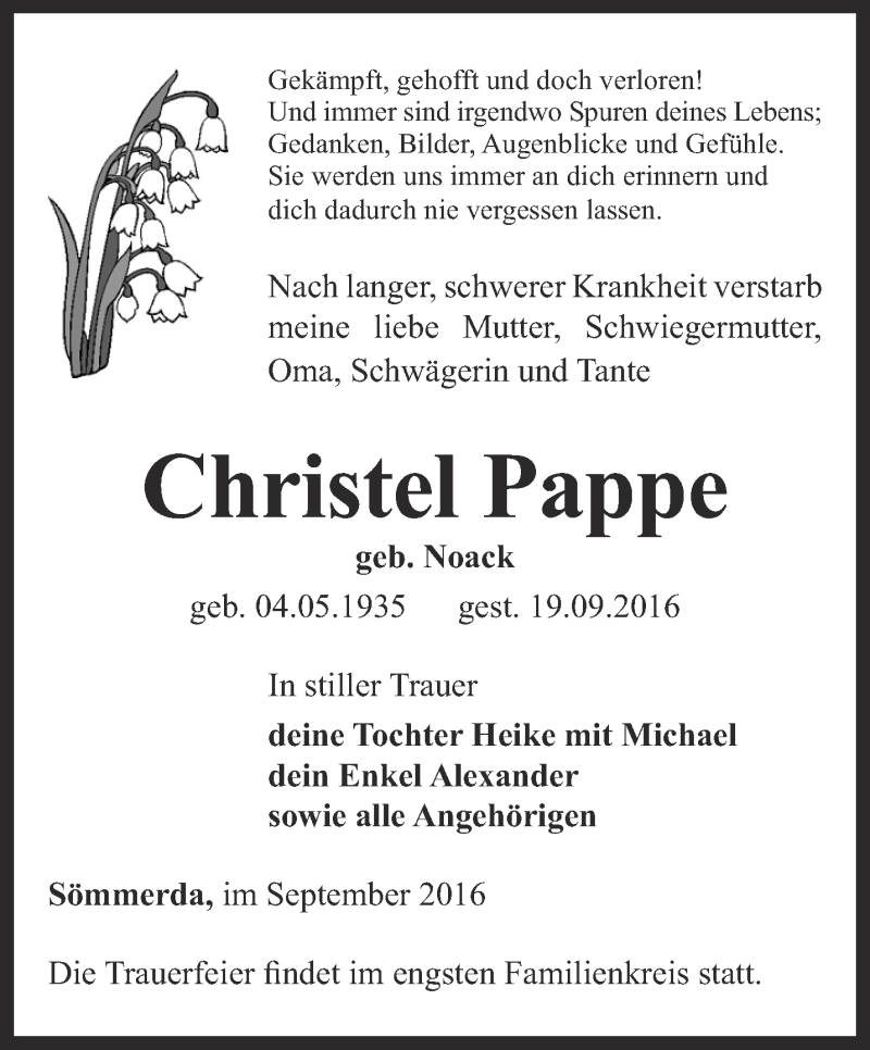  Traueranzeige für Christel Pappe vom 23.09.2016 aus Thüringer Allgemeine