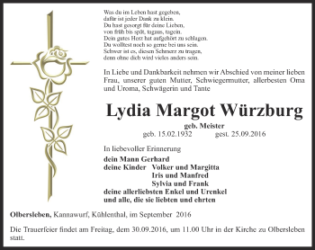 Traueranzeige von Lydia Margot Würzburg von Thüringer Allgemeine