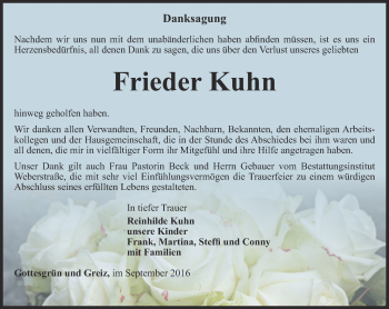 Traueranzeige von Frieder Kuhn von Ostthüringer Zeitung