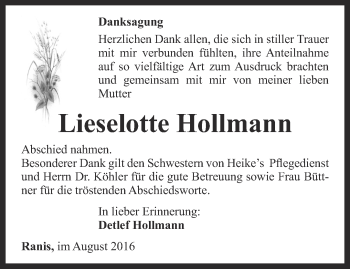 Traueranzeige von Lieselotte Hollmann von Ostthüringer Zeitung