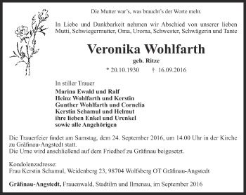 Traueranzeige von Veronika Wohlfarth von Thüringer Allgemeine