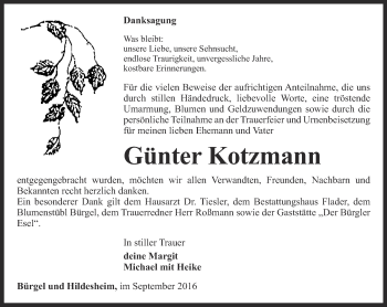 Traueranzeige von Günter Kotzmann von Ostthüringer Zeitung