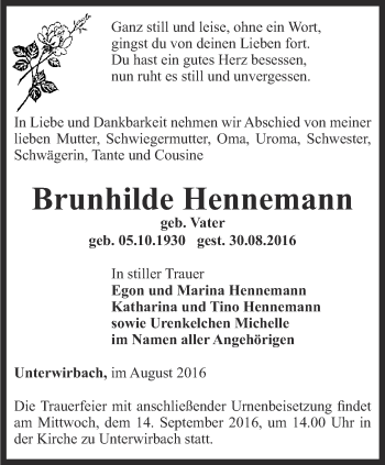 Traueranzeige von Brunhilde Hennemann von Ostthüringer Zeitung