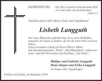 Traueranzeige von Lisbeth Langguth von Thüringer Allgemeine, Thüringische Landeszeitung