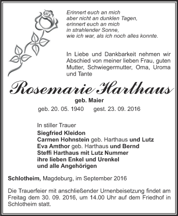 Traueranzeige von Rosemarie Harthaus von Thüringer Allgemeine, Thüringische Landeszeitung