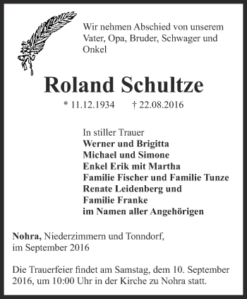 Traueranzeige von Roland Schultze von Thüringer Allgemeine, Thüringische Landeszeitung