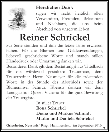 Traueranzeige von Reiner Schrickel von Thüringer Allgemeine