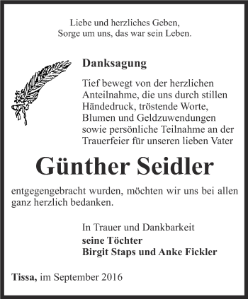 Traueranzeige von Günther Seidler von Ostthüringer Zeitung