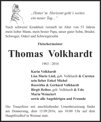 Traueranzeige von Thomas Volkhardt von Thüringer Allgemeine, Thüringische Landeszeitung