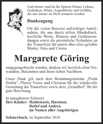 Traueranzeige von Margarete Göring von Ostthüringer Zeitung, Thüringische Landeszeitung