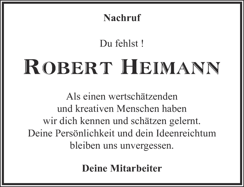  Traueranzeige für Robert Heimann vom 10.09.2016 aus Thüringer Allgemeine, Thüringische Landeszeitung