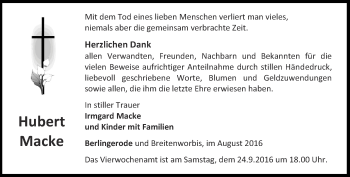 Traueranzeige von Hubert Macke von Thüringer Allgemeine