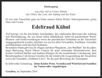 Traueranzeige von Edeltraud Kühnl von Thüringer Allgemeine