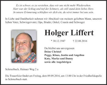 Traueranzeige von Holger Liffert von Ostthüringer Zeitung, Thüringische Landeszeitung