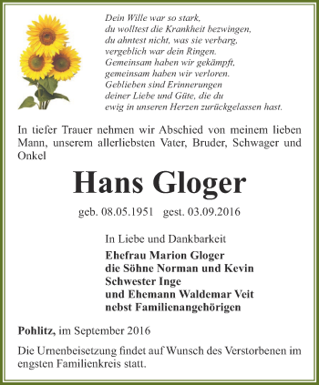 Traueranzeige von Hans Gloger von Ostthüringer Zeitung